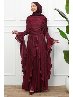 İmaj Butik Bordo Seyyar Pelerinli Fırfırlı Abiye
