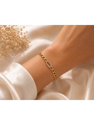 Hotchic Hotchıc Gold Geometrik Zincir Taşlı Çelik Bileklik