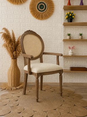 Silla Kollu Madalyon Sandalye Teddy Krem Kumaş Oymalı Hasırlı Ceviz Ahşap Sandalye