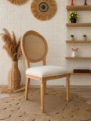 Silla Madalyon Sandalye Teddy Krem Kumaş Oymalı Hasırlı Naturel Ahşap Sandalye