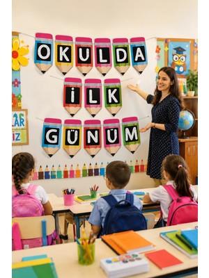Dodomar Okulda Ilk Günüm Rengarenk Kalem Kağıt Banner Okula Dönüş Sınıf Okul Açılışı Süsü 200 cm