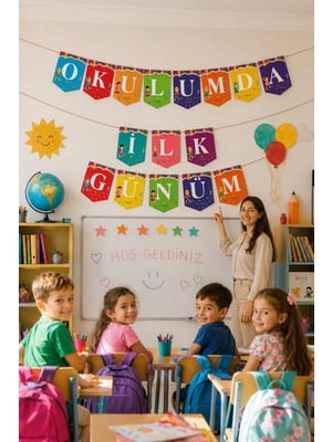 Dodomar Okulumda Ilk Günüm Rengarenk Kağıt Banner Okula Dönüş Sınıf Okul Açılışı Süsü 200 cm