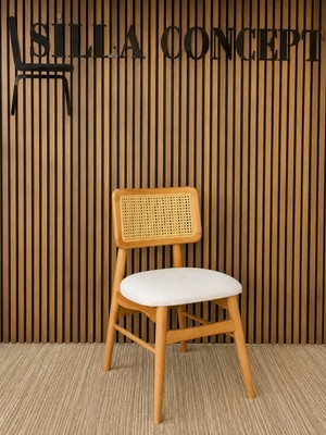 Silla Mabel Sandalye Teddy Krem Kumaş Hasırlı Naturel Ahşap Sandalye