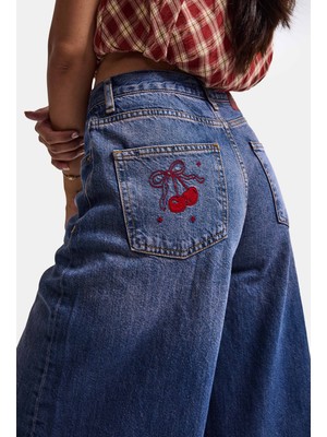 It's Basic Kadın Koyu Kot 4W6-98 Culotte Fit Kiraz Nakış Detaylı Tasarım Denim Jean