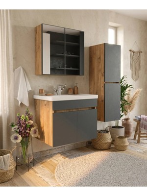 Viona Havlu Dolaplı 65 cm Seramik Lavabolu Mdf Aynalı Banyo Dolabı