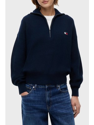 Tommy Jeans % 100 Pamuk Yarım Fermuarlı Balıkçı Yaka Kazak Kadın Kazak DW0DW22928 C1G