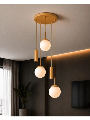 Vienna Modern Eskitme Metal Gövdeli 5'li Sarkıt Avize - 3 Beyaz Cam Küre 2 LED Spot, E27 DUY-G10 Duy