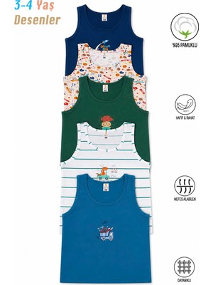 Özkan Underwear 31800 5'li Paket Erkek Çocuk Karışık Renkli Desenli Pamuklu Yumuşak Rahat Kalın Askılı Atlet