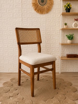 Silla Lizbon Sandalye Teddy Krem Kumaş Hasırlı Ceviz Ahşap Sandalye