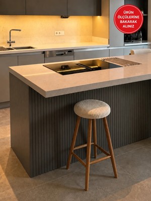 Silla Bar Tabure Teddy Krem Kumaş Naturel Ahşap Ada Taburesi