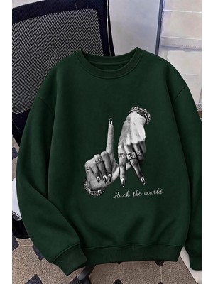 Oksit Bs Unisex Oversize La Sırt Baskılı "rock The World" Iki Iplik Şardonlu Bisiklet Yaka Sweatshirt