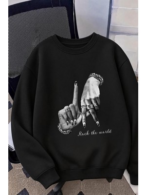 Oksit Bs Unisex Oversize La Sırt Baskılı "rock The World" Iki Iplik Şardonlu Bisiklet Yaka Sweatshirt