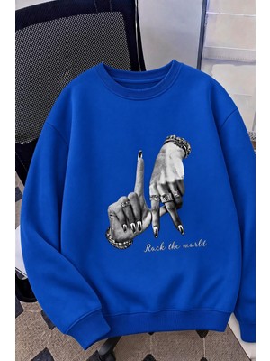Oksit Bs Unisex Oversize La Sırt Baskılı "rock The World" Iki Iplik Şardonlu Bisiklet Yaka Sweatshirt