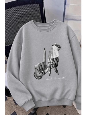 Oksit Bs Unisex Oversize La Sırt Baskılı "rock The World" Iki Iplik Şardonlu Bisiklet Yaka Sweatshirt