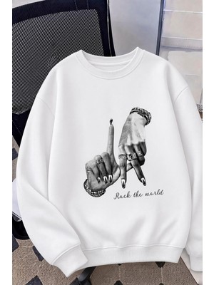 Oksit Bs Unisex Oversize La Sırt Baskılı "rock The World" Iki Iplik Şardonlu Bisiklet Yaka Sweatshirt