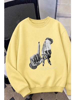 Oksit Bs Unisex Oversize La Sırt Baskılı "rock The World" Iki Iplik Şardonlu Bisiklet Yaka Sweatshirt