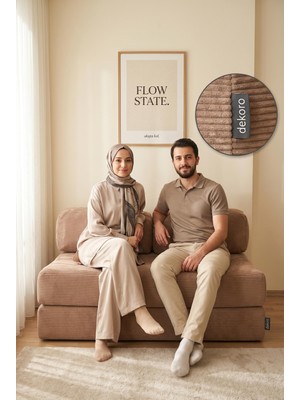 Dekoro Nobel 1.4f 140 cm Haki Modüler Kapalı Balkon Teras Kanepesi Kırpıntı Sünger Yastıklı Portatif İkili Koltuk Yıkanabilir Kılıflı Pratik Dinlenme Oturma Grubu