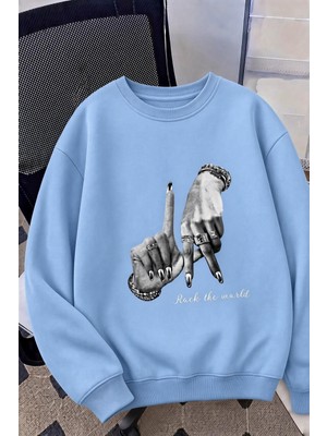 Oksit Bs Unisex Oversize La Sırt Baskılı "rock The World" Iki Iplik Şardonlu Bisiklet Yaka Sweatshirt