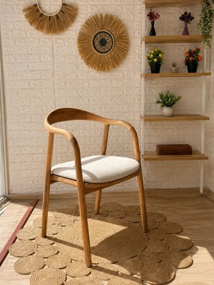 Silla Kollu Yılan Sandalye Teddy Krem Kumaş Naturel Ahşap Sandalye