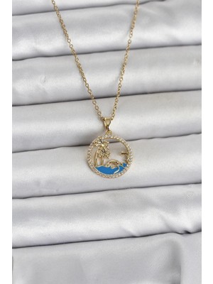 Uslucan Alışveriş 316L Çelik Zincir Gold Renk Zirkon Taşlı Deniz Temalı Kadın Kolye 5886