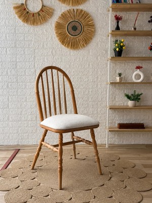 Silla Motifli Ada Sandalye Teddy Krem Kumaş Naturel Ahşap Sandalye