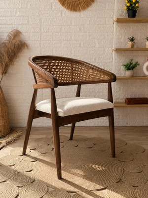 Silla Gazel Sandalye Teddy Krem Kumaş Hasırlı Ceviz Ahşap Sandalye