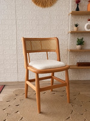 Silla Odin Sandalye Teddy Krem Kumaş Hasırlı Naturel Ahşap Sandalye