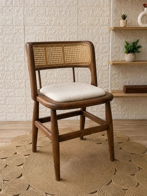 Silla Odin Sandalye Teddy Krem Kumaş Hasırlı Ceviz Ahşap Sandalye