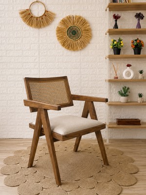 Silla Luna Sandalye Teddy Krem Kumaş Hasırlı Ceviz Ahşap Sandalye