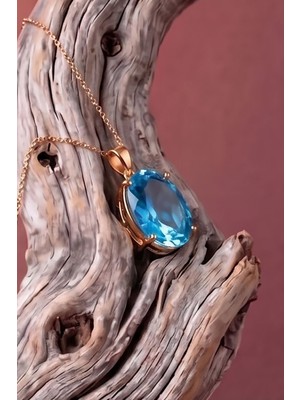 Takıdepo Tek Taş Model Mavi Topaz Renk Zirkon Taşlı Gümüş Kadın Kolye