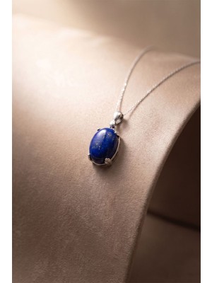Takıdepo Minimalist Oval Tasarım Lapis Lazuli Taşlı Kadın Gümüş Kolye