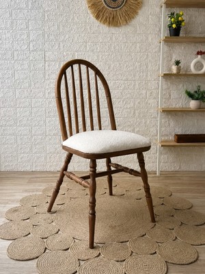 Silla Motifli Ada Sandalye Teddy Krem Kumaş Ceviz Ahşap Sandalye