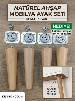 TURKISHRUG KINGDOM 4'lü Ahşap Konik Ayak 20 cm Gürgen   Baza Ayağı Tv Ünitesi Ayağı Mobilya Ayağı