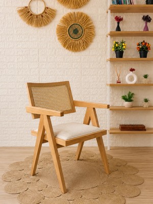 Silla Luna Sandalye Teddy Krem Kumaş Hasırlı Naturel Ahşap Sandalye