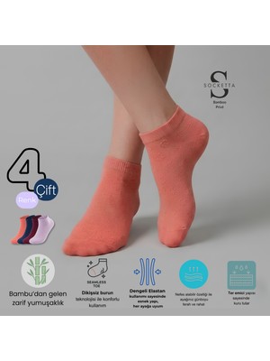 Socketta 4'lü Karışık Renkli Kadın Bambu Kendinden Desenli Patik Çorap - Premium