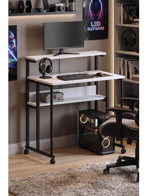 Dehalimited Frenli Tekerlekli Çalışma Masası Bilgisayar Oyuncu Masası Monitör Raflı Laptop Öğrenci Ders Masası 85X50