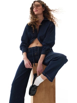 Penti Koyu Mavi Denim Polo Yaka Düğmeli Uzun Kollu Gömlek