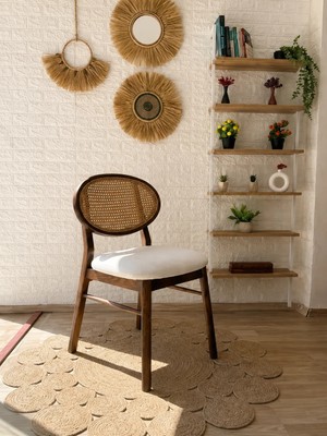 Silla Oslo Sandalye Teddy Krem Kumaş Hasırlı Ceviz Ahşap Sandalye
