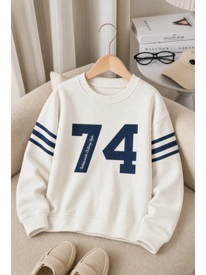 Zepkids Çocuk Ekru Baskılı Kolları Lacivert Şeritli Bisiklet Yaka Sweatshirt