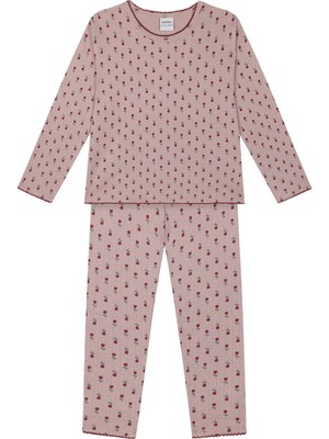 Antebies Organik Gots Sertifikalı Minik Güller Desenli, Uzun Kollu Tişört, Bel Lastikli Taytlı Kız Çocuk Pijama Takımı