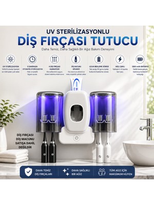 Coofbe Uv Sterilizasyonlu Diş Fırçası Tutucu, Otomatik Diş Macunu Dispenseri, 4 Fırça Kapasiteli, 1200MAH Şarjlı, Duvara Monte