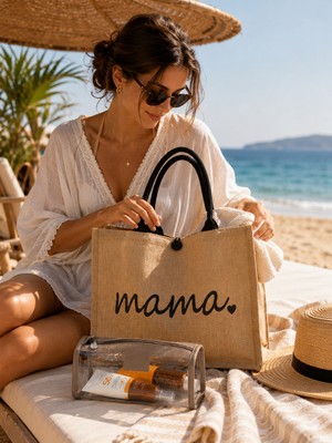 Gnc Design 2’li Plaj Çantası ve Makyaj Çantası Seti – Natural Mama Desenli Plaj Çantası ve Şeffaf Kozmetik Çantası