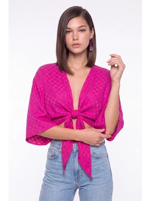 Cemo Desenli Önden Bağlamalı Kimono Crop Bluz