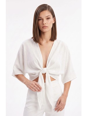 Cemo Desenli Önden Bağlamalı Kimono Crop Bluz