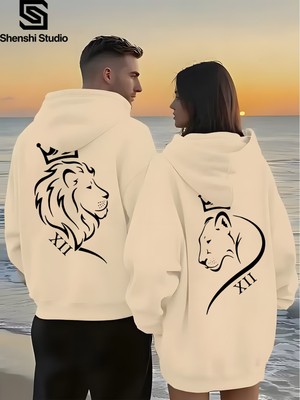 Macklin Sevgili - Arkadaş Çift Kombini Aslan Çift Sırt Baskılı Özel Tasarım Kapüşonlu Sweatshirt 2li Takım