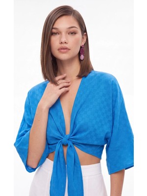 Cemo Desenli Önden Bağlamalı Kimono Crop Bluz