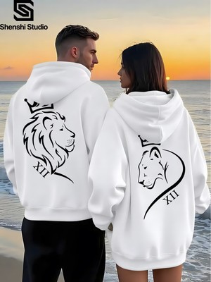 Macklin Sevgili - Arkadaş Çift Kombini Aslan Çift Sırt Baskılı Özel Tasarım Kapüşonlu Sweatshirt 2li Takım