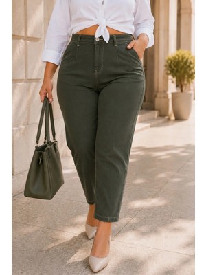 Cedy Denim Cedy Kadın Büyük Beden Pileli Mom Jean Pantolon C600 Dropsuz Haki Renk Günlük Stil
