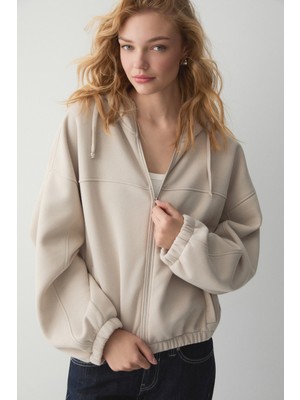 Ethiquet Valıt Kadın Çift Cepli Eteği ve Kol Ucu Lastikli Fermuarlı Oversize Taş Rengi Sweatshirt