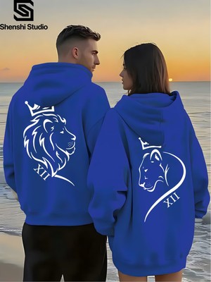 Macklin Sevgili - Arkadaş Çift Kombini Aslan Çift Sırt Baskılı Özel Tasarım Kapüşonlu Sweatshirt 2li Takım